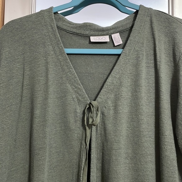 LOGO Lori Goldstein green open cardigan with tie size Medium front pockets - Picture 4 of 11